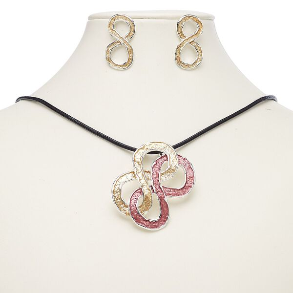 Necklace and earring set, leather (dyed) / enamel / imitation rhodium-plated steel / brass / "pewter" (zinc-based alloy), black / orange / pink, 57x49mm knot, 18-inch necklace with 2-inch extender chain and lobster claw clasp, 34mm earrings with post. Sold per set. image number 0