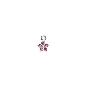 Charm, crystals and sterling silver, rose, 6mm single-sided flower. Sold per pkg of 2.