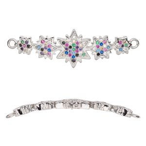 Focal, cubic zirconia and silver-plated brass, multicolored, 35.5x12mm single-sided curved stars. Sold individually.