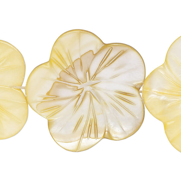 Bead, mother-of-pearl shell (dyed), pale yellow, 29x28mm-31x30mm carved flat flower, 0.6-0.8mm hole, Mohs hardness 3-1/2. Sold per 15-inch strand. image number 0