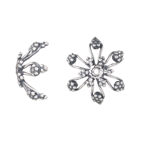 Bead cap, antiqued sterling silver, 18x9mm beaded flower, fits 12-18mm bead. Sold individually. image number 0