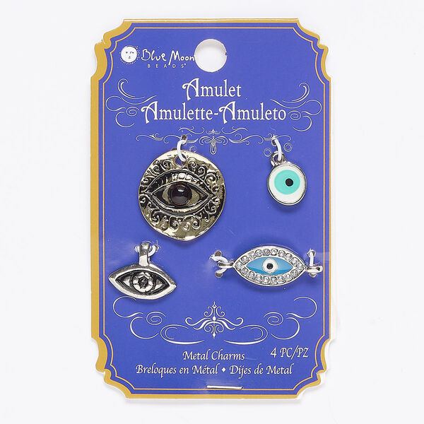 Charm and link mix, acrylic / enamel / antique gold- / silver- / antique silver-finished "pewter" (zinc-based alloy), black / blue / green, mixed sizes and mixed shapes with evil eye design. Sold per pkg of 4. image number 0