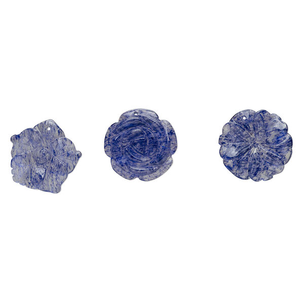 Focal mix, glass, translucent dark purple, 35x30mm-36x35mm top-drilled carved speckled flower. Sold per pkg of 3. image number 0