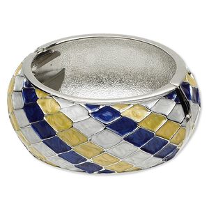 Bracelet, hinged bangle, epoxy and rhodium-finished "pewter" (zinc-based alloy), white / yellow / blue, 32mm wide with diagonal diamond design, 7 inches. Sold individually.