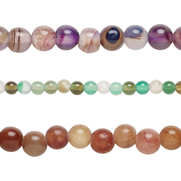 Bead mix, agate (dyed), mixed colors, 3-6mm round with 0.4-1.4mm hole, C grade, Mohs hardness 6-1/2 to 7. Sold per pkg of (3) 15-inch strands. image number 0