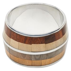 Bracelet, bangle, wood (dyed) and aluminum, brown / dark brown / light brown, 51mm wide with inlaid design, 2-3/4 inch inside diameter. Sold individually.