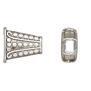 Cone, antique silver-plated "pewter" (zinc-based alloy), 18x16.5x8.5mm beaded flat, 12x4mm inside diameter. Sold per pkg of 6.