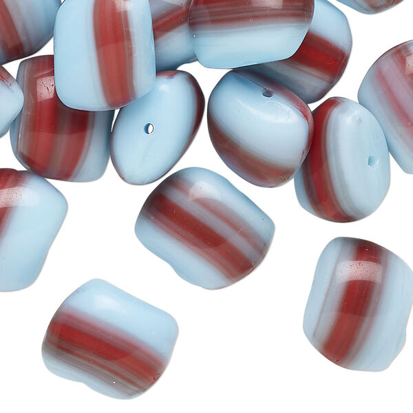 Bead, pressed glass, opaque light blue and red, 14x11mm irregular puffed rectangle. Sold per 2-ounce pkg, approximately 30 beads. image number 0