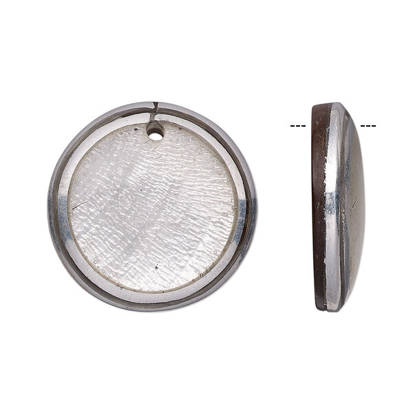 Drop, wood / Capiz shell / resin / aluminum (natural / dyed / assembled), white and clear, 24mm single-sided flat round. Sold individually. image number 0