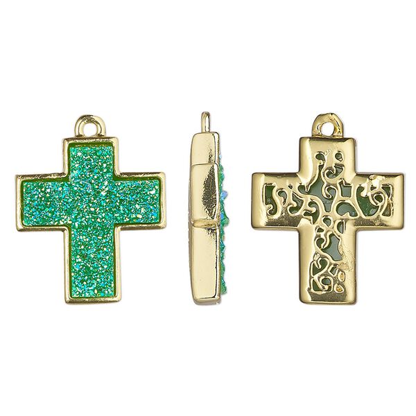 Drop, Druzylite™, "druzy" (resin) and gold finish brass, green, 18x16mm two-sided cross with open filigree back. Sold per pkg of 4. image number 0