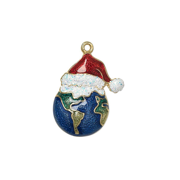 Charm, enamel and gold-finished "pewter" (zinc-based alloy), multicolored with glitter, 21x17.5mm single-sided globe with Santa hat. Sold individually. image number 0