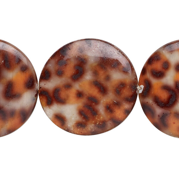 Mother-of-pearl shell 1pkg1, puffed flat round / cheetah print decal bead 15 inch brown, orange / black 24-25mm image number 0