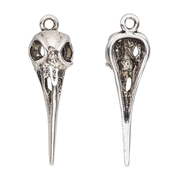Focal, antique silver-finished "pewter" (zinc-based alloy), 33x11mm single-sided bird skull. Sold per pkg of 4. image number 0