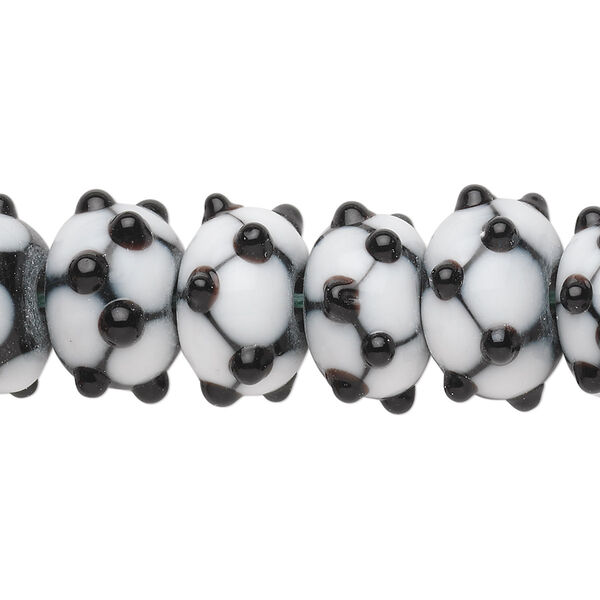 Bead, lampworked glass, black and white, 14x10mm rondelle. Sold per pkg of 20. image number 0