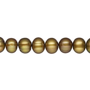 Pearl, cultured freshwater pearl (dyed), golden olive, 8-9mm semi-round, D grade, Mohs hardness 2-1/2 to 4. Sold per 15" strand, approximately 60 beads.