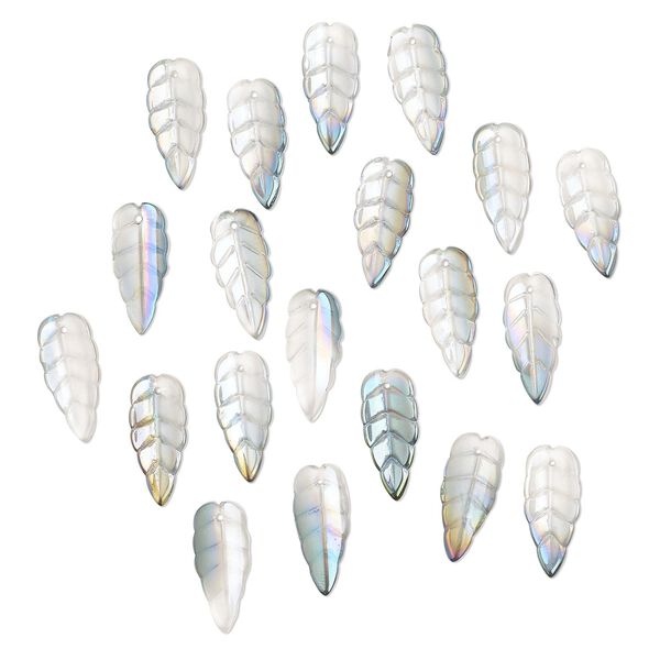 Drop, pressed glass, translucent metallic green rainbow, 23 x 10mm pressed leaf, top-drilled. Sold per pkg of 20. image number 0