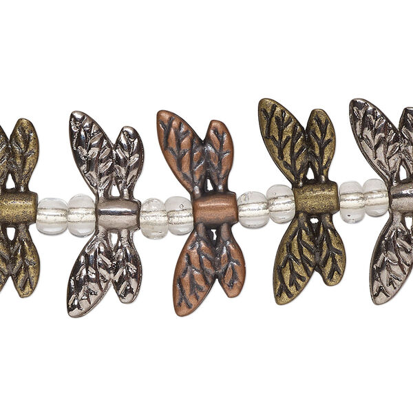 Bead, antique gold- / antique brass- / gunmetal-finished "pewter" (zinc-based alloy) and glass, clear, 22x5mm double-sided dragonfly wings with seed bead spacers. Sold per 4-inch strand. image number 0