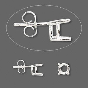 Earstud 1pkg2 Sure-Set™ sterling silver, 6.5mm round / pre-notched 4-prong basket-style setting / earnuts, 1 pair
