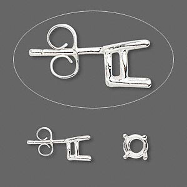Earstud, Sure-Set™, sterling silver, 6.5mm with 4-prong round basket setting. Sold per pair. image number 0