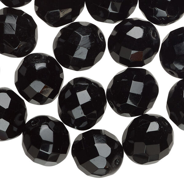 Bead, Czech fire-polished glass 1pkg30, opaque jet black, 12mm faceted round. image number 0