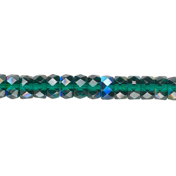 Bead, Czech fire-polished glass, emerald green AB, 6x3mm faceted rondelle. Sold per 15-1/2" to 16" strand. image number 0