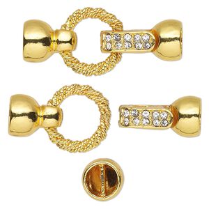 Clasp magnetic 1pkg1 gold-plated "pewter" (zinc alloy), 36.5x16mm twisted ring / fits 6.5mm cord, clear rhinestone 1-strand
