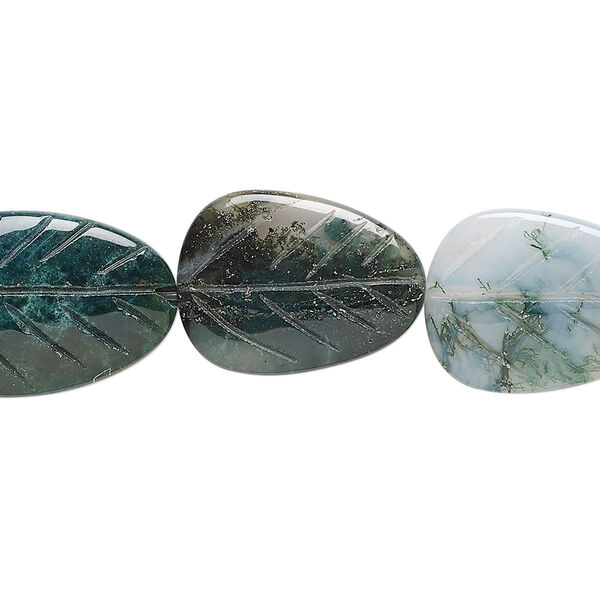 Bead, moss agate (natural), 19x14mm hand-cut carved leaf, B grade, Mohs hardness 6-1/2 to 7. Sold per 8-inch strand, approximately 10 beads. image number 0