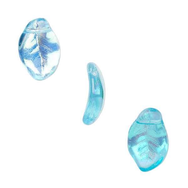 Bead, Czech pressed glass, aqua AB, 14x9mm top-drilled leaf. Sold per 15-1/2" to 16" strand, approximately 60 beads. image number 0