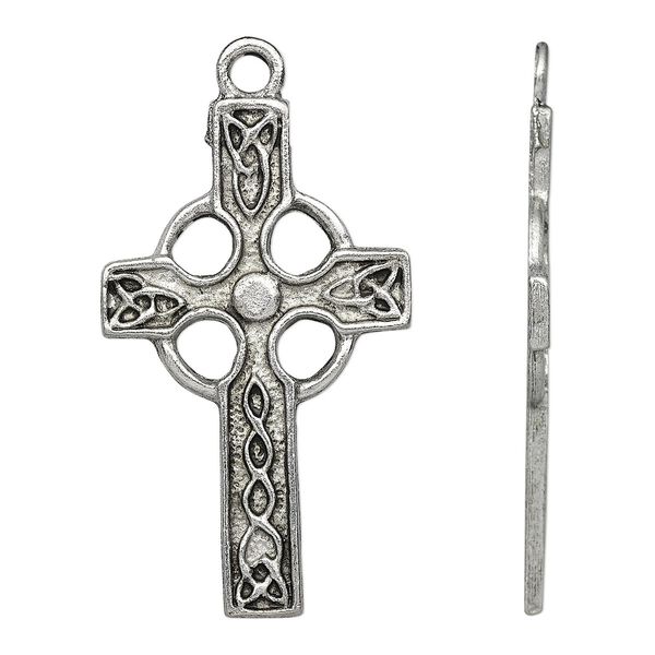 Focal, antiqued pewter (tin-based alloy), 45x27mm Celtic cross. Sold individually. image number 0