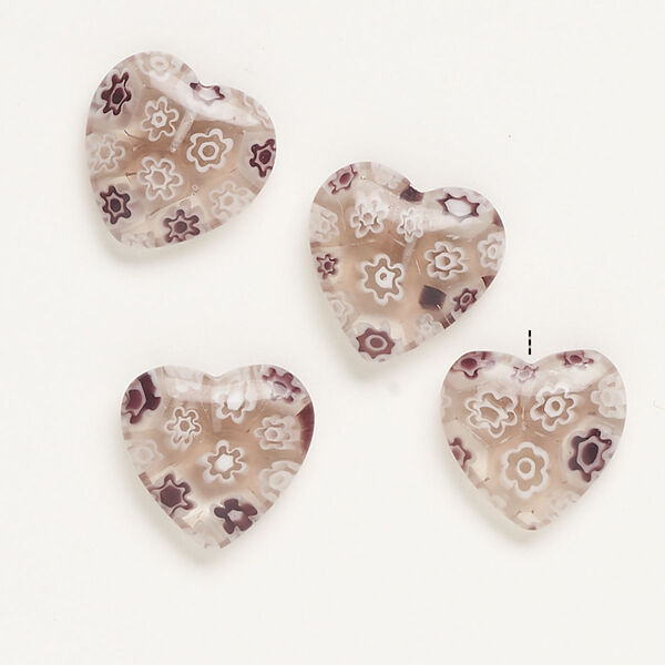 Bead, millefiori glass, clear / translucent purple / white, 18-20mm half-drilled puffed heart. Sold per pkg of 4. image number 0