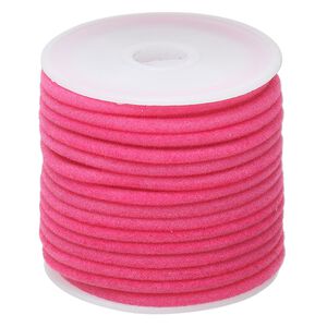 Cord, velveteen and rubber, pink, 3mm round with 1-1.5mm hole. Sold per 25-foot spool.
