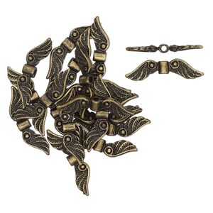 Bead, antique brass-finished "pewter" (zinc-based alloy), 23x4mm angel wing. Sold per pkg of 20.