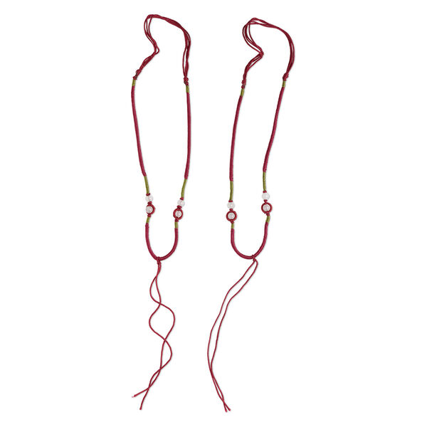 Necklace cord, macramé, jadeite (natural/dyed) and imitation silk, maroon and green, 2-3.5mm wide with 5-1/2 inch dangle, 20 inches with slip knot closure. Sold per pkg of 2. image number 0