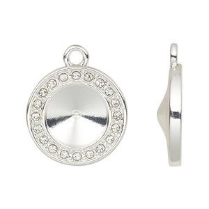 Drop, Almost Instant Jewelry®, cubic zirconia and silver-finished "pewter" (zinc-based alloy), clear, 18mm single-sided round with SS47 rivoli glue-in setting. Sold per pkg of 2.
