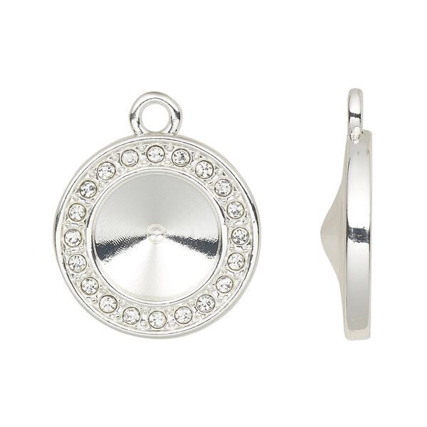 Drop, Almost Instant Jewelry®, cubic zirconia and silver-finished "pewter" (zinc-based alloy), clear, 18mm single-sided round with SS47 rivoli glue-in setting. Sold per pkg of 2. image number 0