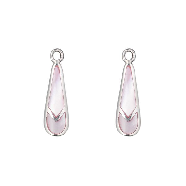 Drop, mother-of-pearl shell (dyed) and sterling silver, pink, 17x6mm single-sided teardrop. Sold per pkg of 2. image number 0