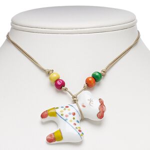 Necklace, painted wood / porcelain / waxed cotton cord, multicolored, 50x45mm sheep, adjustable from 16-30 inches with macramé knot closure. Sold individually.