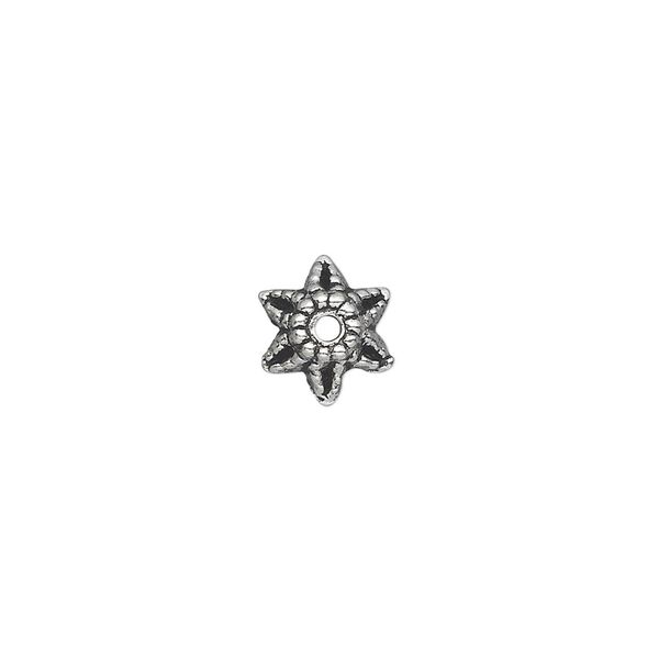 Bead cap, antique silver-plated "pewter" (zinc-based alloy), 9x5mm star, fits 8-14mm bead. Sold per pkg of 50. image number 0