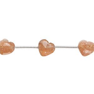 Sunstone 1pkg10, hand-cut diagonally drilled faceted puffed heart bead natural 8x8mm