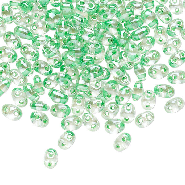 Seed bead, Preciosa Twin™ Czech glass, pkg/250g, 5x2.5mm oval, transparent light green terra color-lined clear, (38656). image number 0