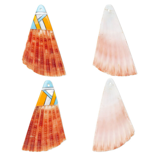 Focal, sea scallop shell / multi-shell / resin (dyed/assembled), red / turquoise blue / multicolored, 50x33mm single-sided right- and left-facing half shells, Mohs hardness 3-1/2. Sold per pkg of 2. image number 0