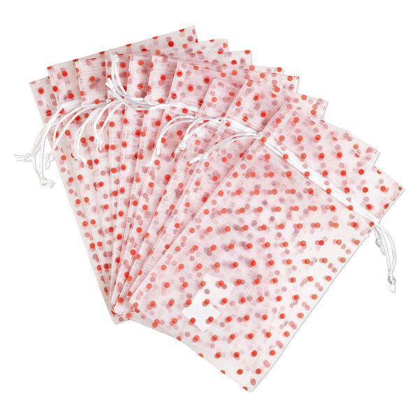 Pouch, organza, white and red-orange, 10x6 inches with dots pattern and drawstring closure. Sold per pkg of 12. image number 0