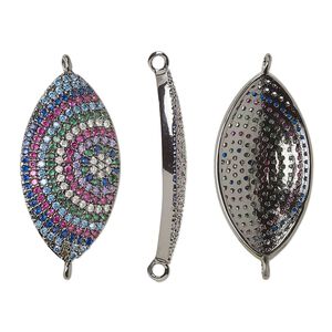 Link, cubic zirconia and black-finished brass, multicolored, 25x13.5mm single-sided domed marquise with circle design. Sold individually.