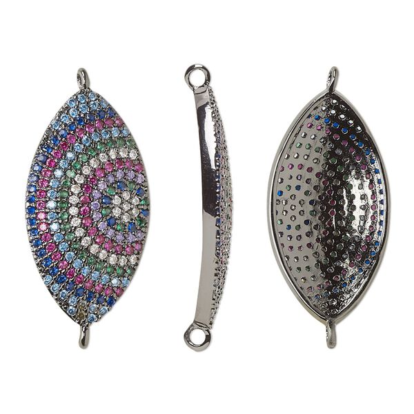 Link, cubic zirconia and black-finished brass, multicolored, 25x13.5mm single-sided domed marquise with circle design. Sold individually. image number 0