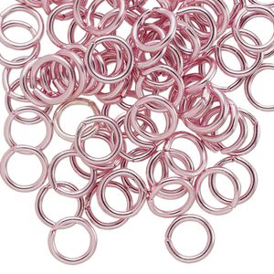 Jump ring, anodized aluminum, pink, 8mm round, 5.4mm inside diameter, 16 gauge. Sold per pkg of 100.