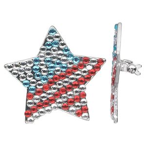 Brooch, plastic rhinestone and rhodium-finished "pewter" (zinc-based alloy), red / white / blue, 37mm USA star. Sold individually.