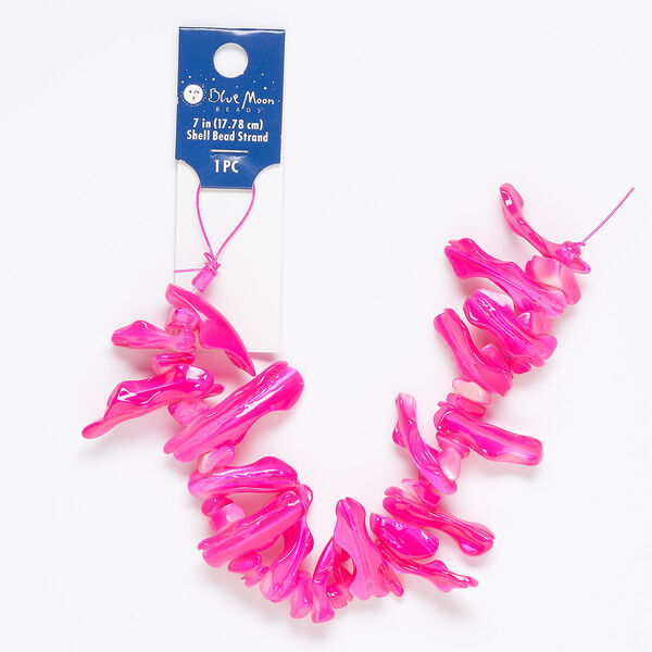 Bead, mother-of-pearl shell (dyed), neon pink, 11x5mm-43x9mm frangia with 0.6mm hole. Sold per 7-inch strand. image number 0