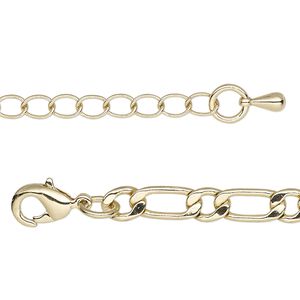 Chain, gold-plated brass, 5mm long and short flat oval, 16 inches with 2-inch extender chain and lobster claw clasp. Sold individually.