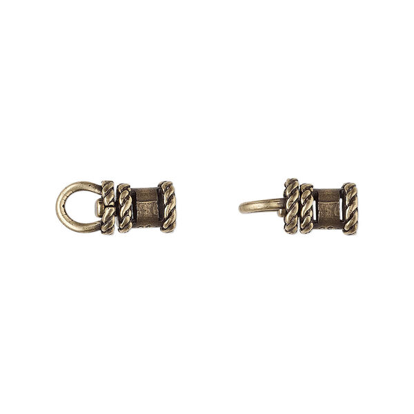 Crimp end, JBB Findings, antiqued brass, 8.5x6mm tube with swivel, loop and rope trim design, 3mm inside diameter. Sold per pkg of 2. image number 0