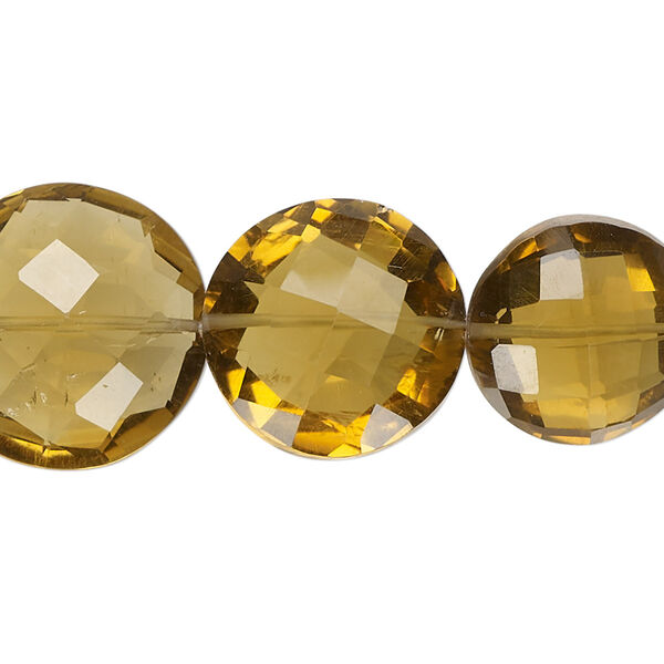Bead, golden quartz (heated), 15-19mm hand-cut faceted puffed flat round, B+ grade, Mohs hardness 7. Sold per 7-inch strand, approximately 10 beads. image number 0